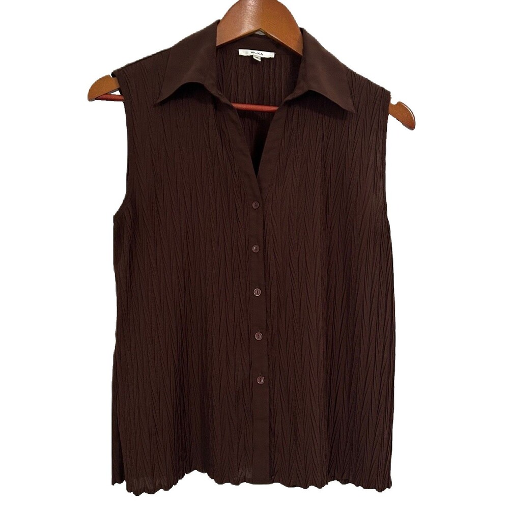 Nicola Top Women M Brown Button Up Sleeveless Crinkle Retro Preppy Casual Comfy